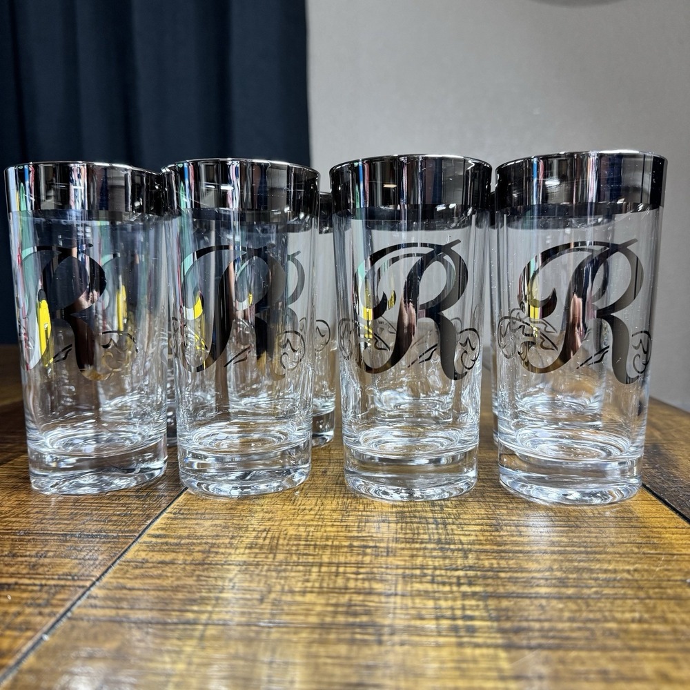 Vtg 8 Dorothy Thorpe Style Highball‎ Glasses Initial R Monogrammed Silver Fade